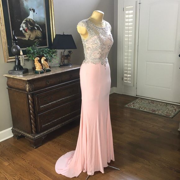 NWT Milano Formals Size 4 Light Pink Chiffon Beaded Prom Maxi Dress Formal Gown - Picture 2 of 16